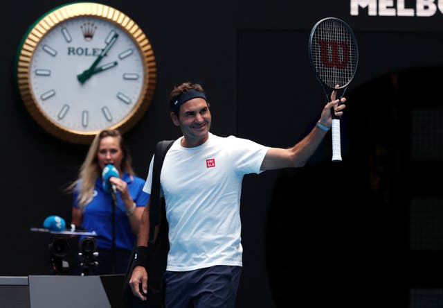 <p>Roger Federer during practice on Rod Laver Arena </p>