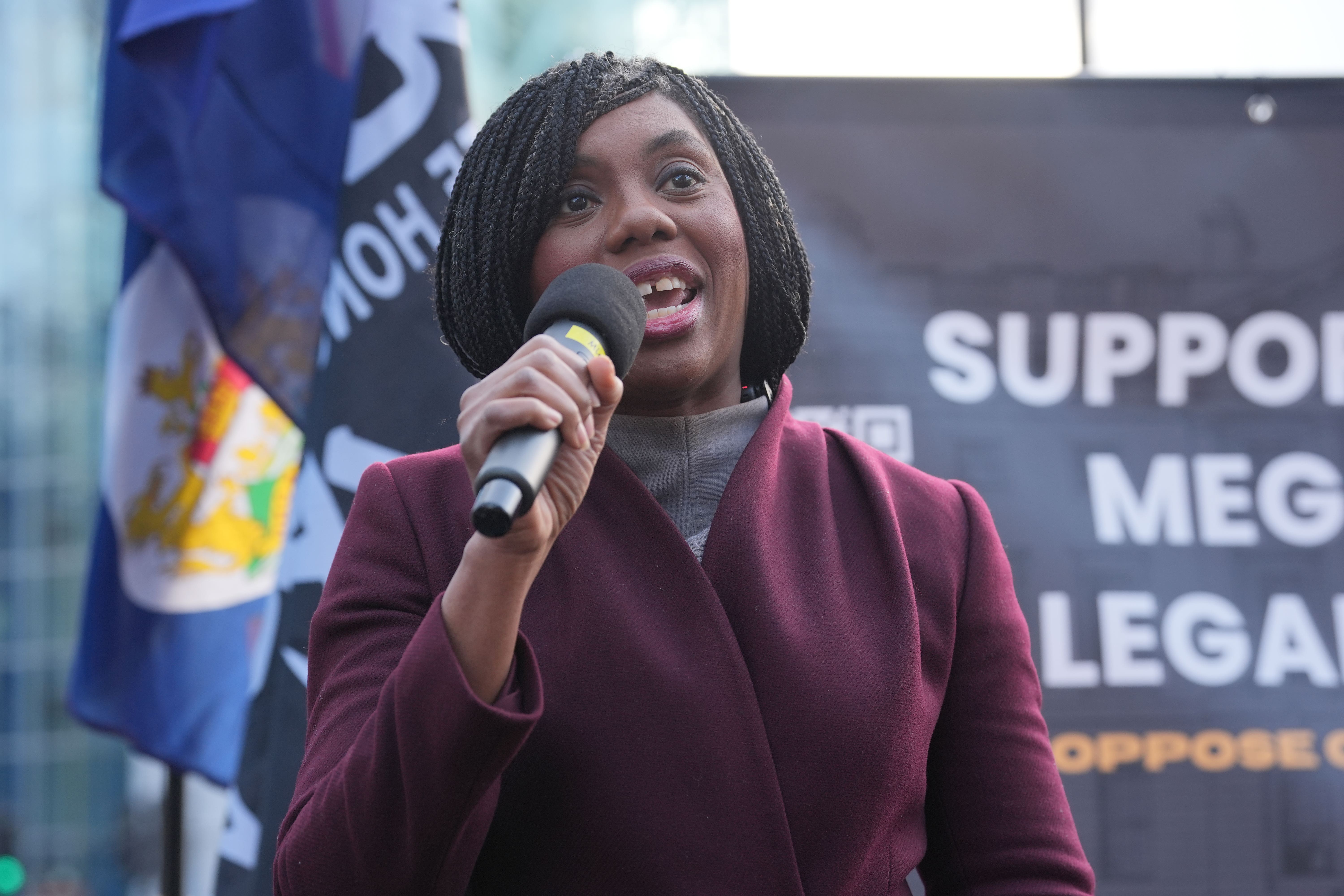 Conservative Party leader Kemi Badenoch speaking during Saturday’s protest (Lucy North/PA)