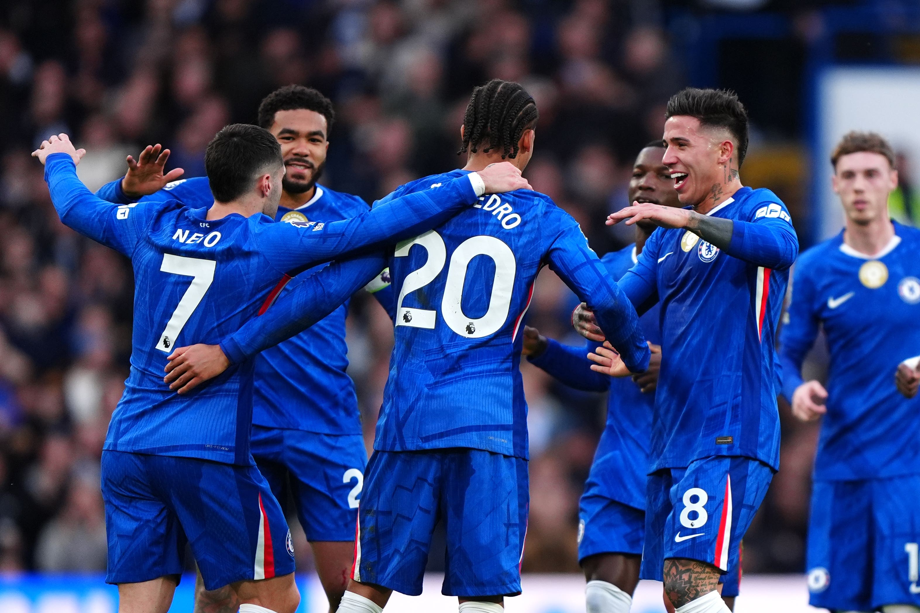 Joao Pedro (centre) and Cole Palmer were on target for Chelsea (Bradley Collyer/PA)