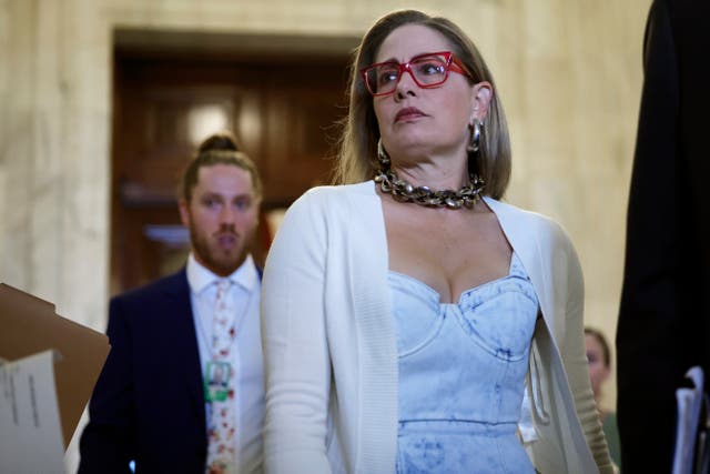 <p>Former U.S. Senator Kyrsten Sinema, pictured in 2023, was interrupted twice during a panel talk by men claiming to have an affair with her</p>