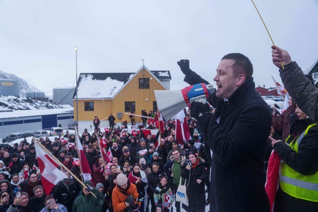 <p>Greenlandic Prime Minister Jens-Frederik Nielsen speaks during a protest against Trump's policy towards Greenland in front of the US consulate in Nuuk, Greenland</p>