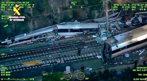 <p>In this still image from video taken and released on January 19, 2026 by the Spain's Guardia Civil, emergency workers are seen at the site where a high-speed Iryo train derailed and was hit by another train as rescue efforts continue in Adamuz, southern Spain, on January 19, 2026</p>