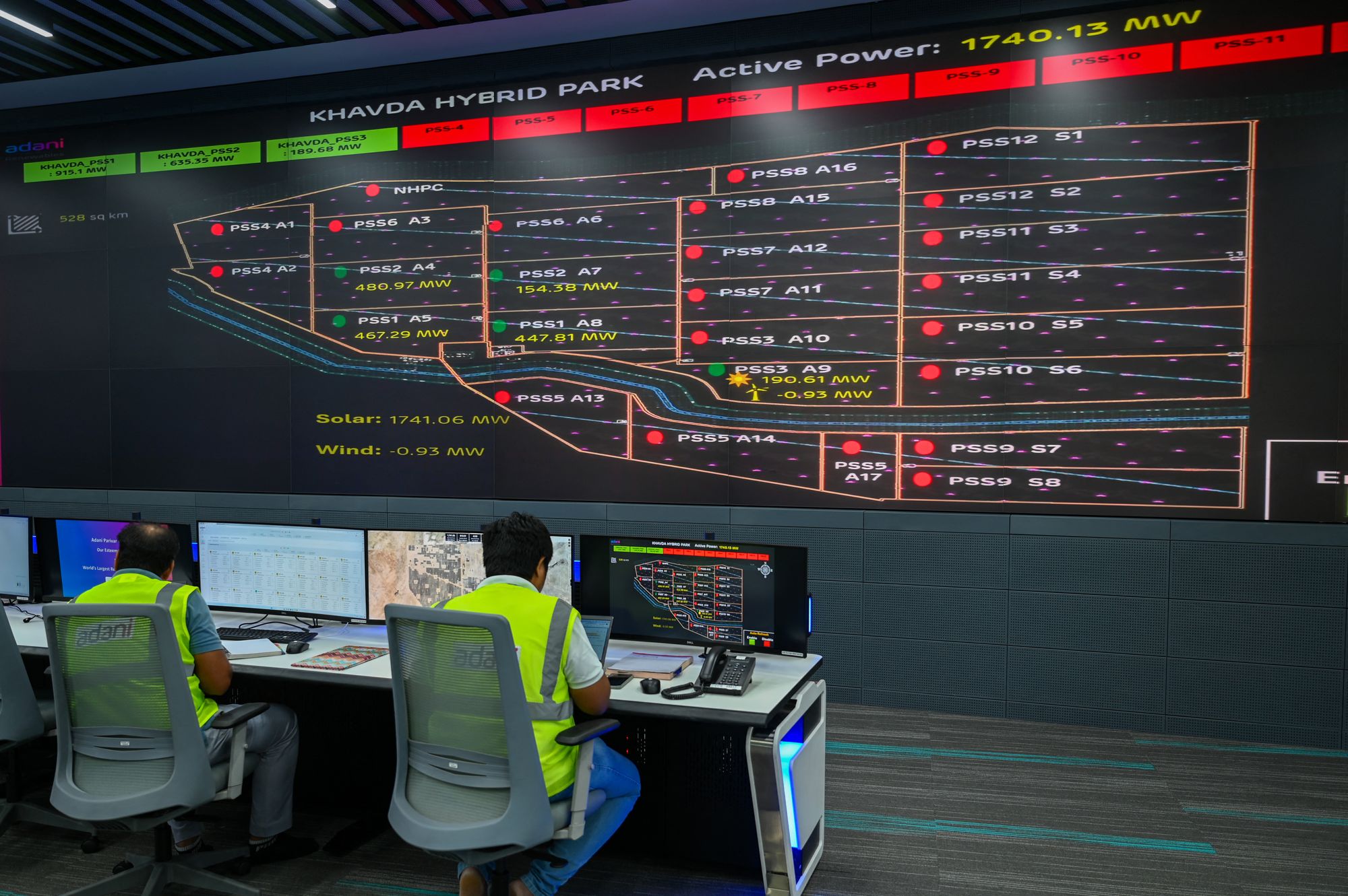 Engineers work at the control centre of the Adani Green Renewable Energy Plant in Khavda, in India's Gujarat state