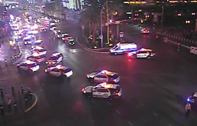 <p>Around 30 police cars responded to an incident on the Las Vegas Strip, after a massive crowd began gathering on the road</p>