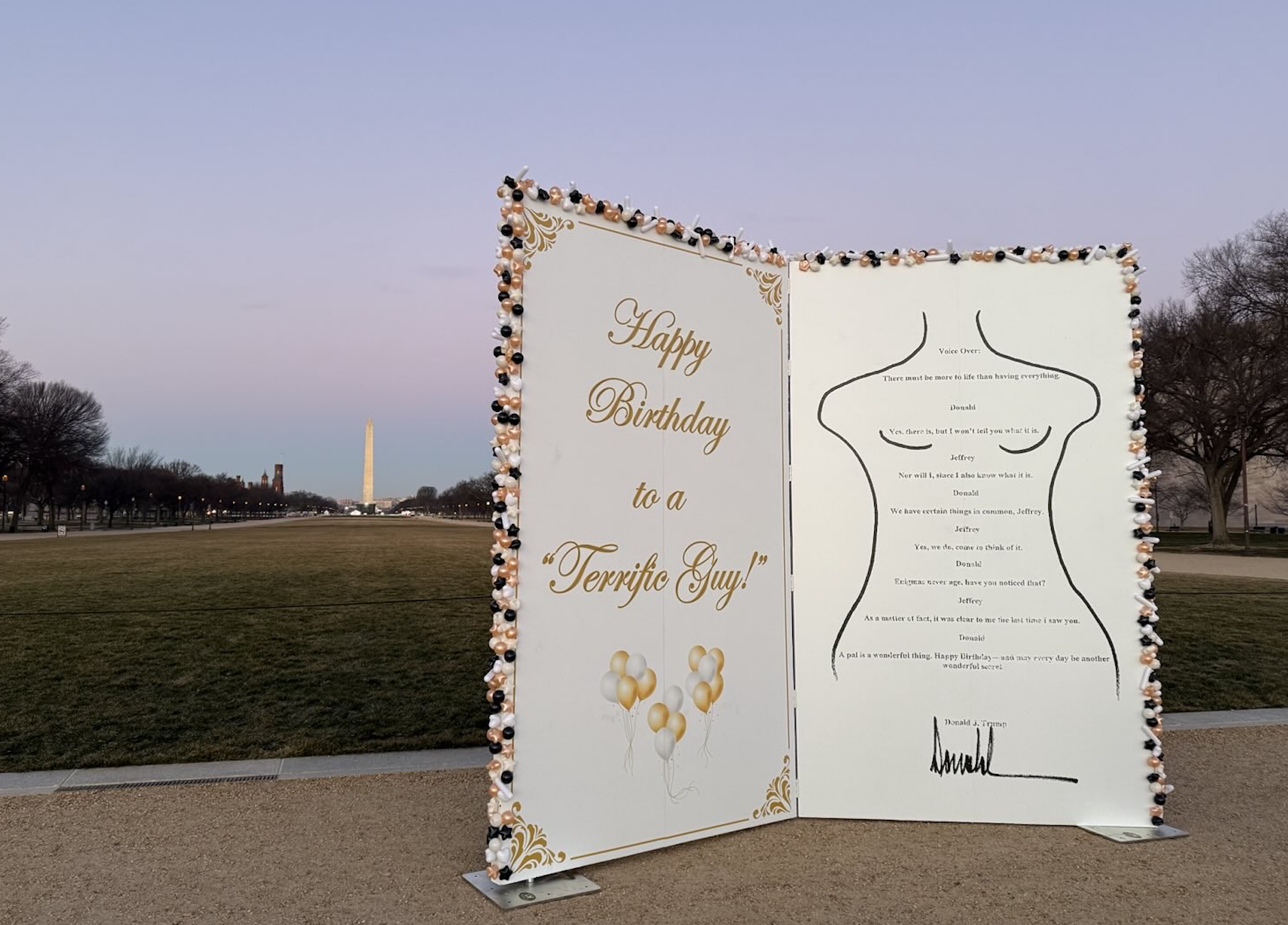 Giant version of Epstein birthday card allegedly from Trump is placed on National Mall in DC