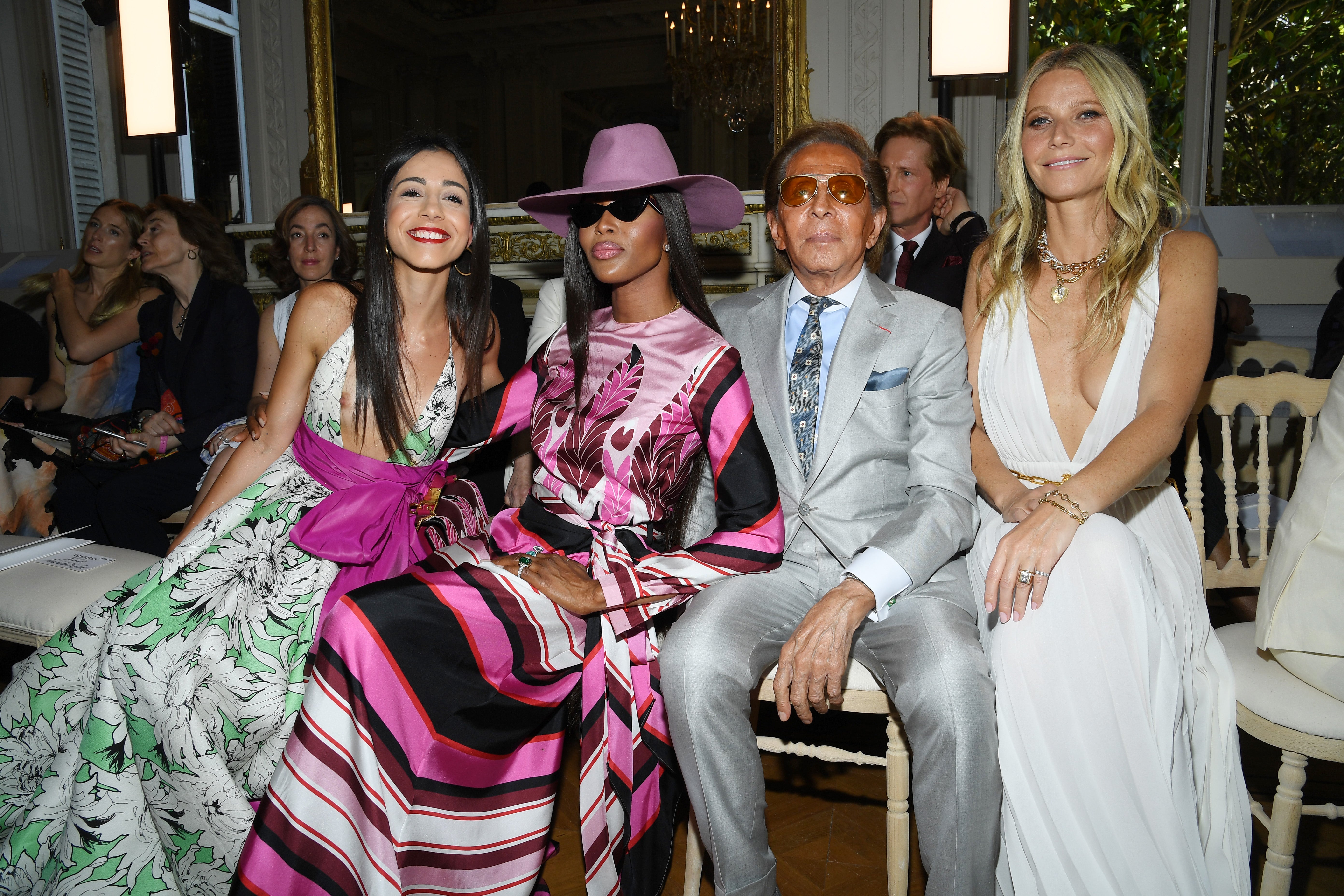 Valentino Garavani on the front row of his Valentino Haute Couture Fall/Winter show in 2019 alongside Benedetta Piccioli, Naomi Campbell and Gwyneth Paltrow.