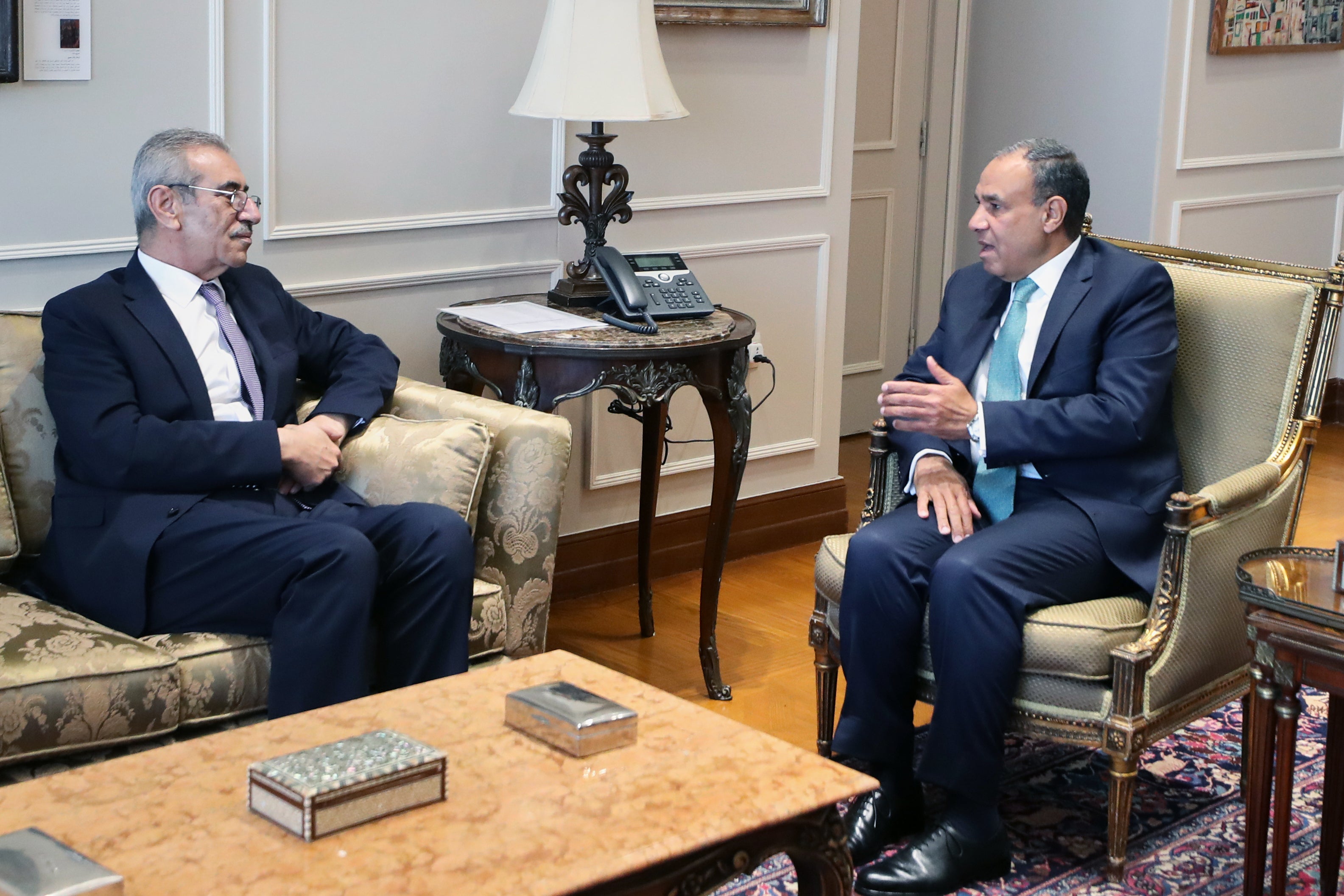 Ali Shaath, left, head of the Palestinian national committee for administering the Gaza Strip, meets with Egyptian foreign minister Badr Abdelatty earlier this month