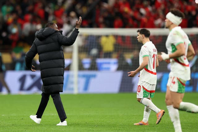 <p>Senegal’s players left the pitch after Morocco were given a late penalty</p>