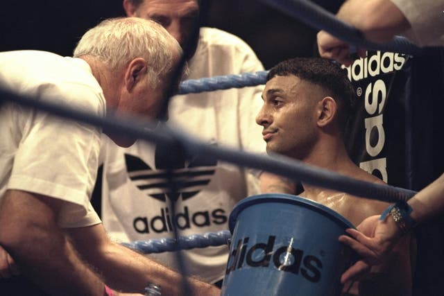 <p>Prince Naseem (right) receiving instructions from coach Brendan Ingle in 1996</p>