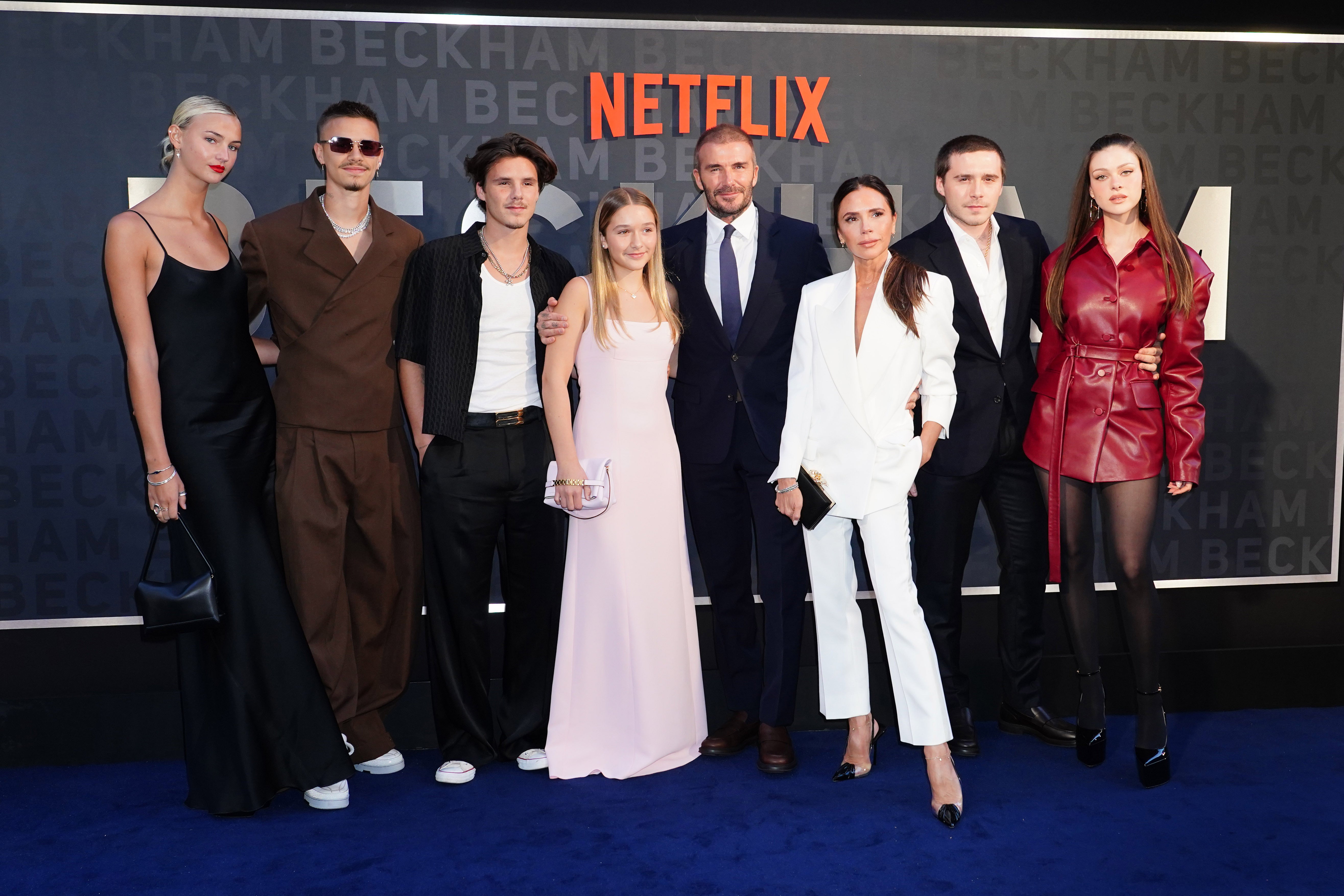 (l to r) Mia Regan, Romeo Beckham, Cruz Beckham, Harper Beckham, David Beckham, Victoria Beckham, Brooklyn Beckham and Nicola Peltz arrive for the premiere of Netflix’s documentary series Beckham at the Curzon Mayfair in London (Ian West/PA)