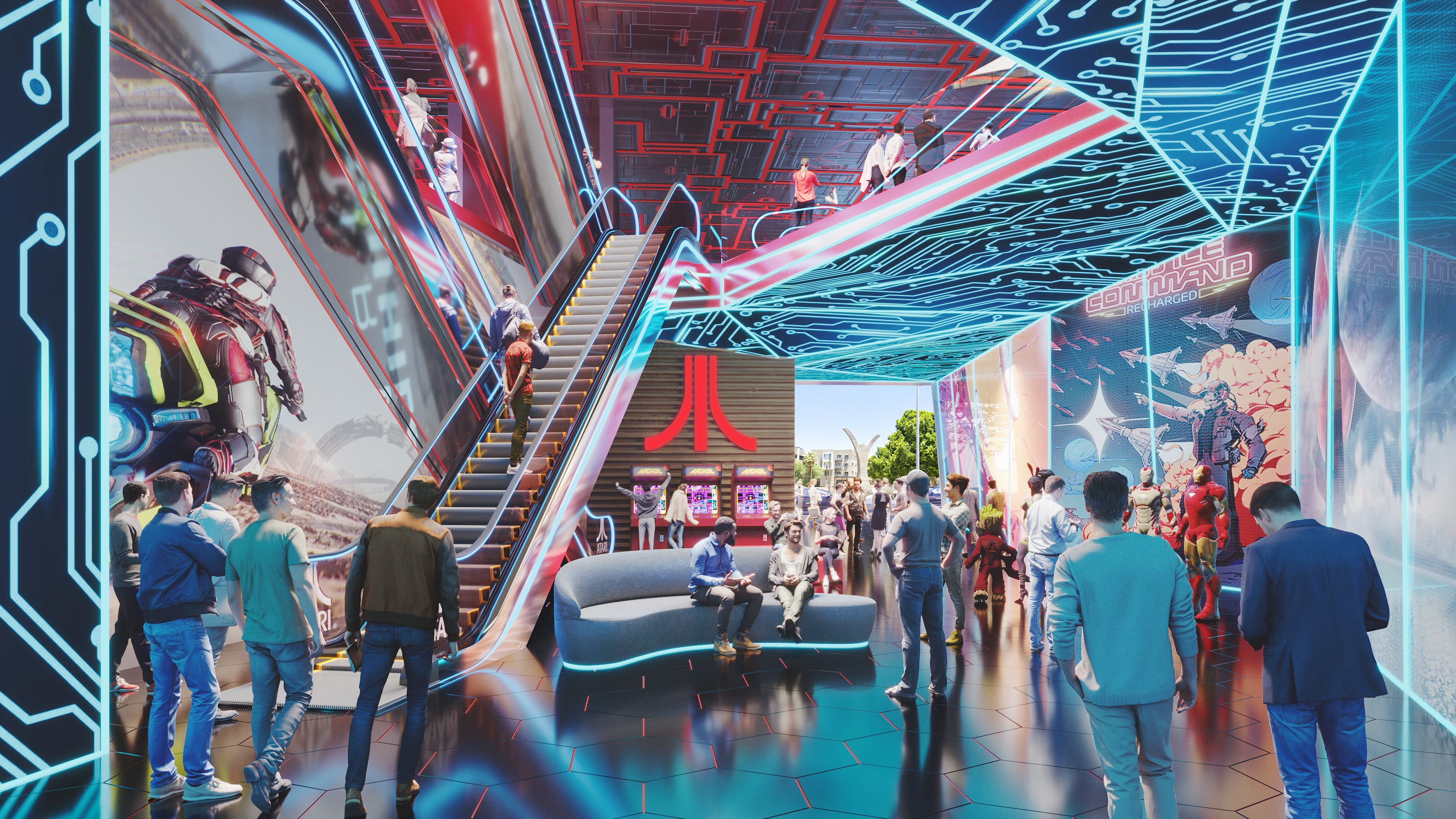 The interior of Atari Hotel will feature lights that mimic arcade circuitry