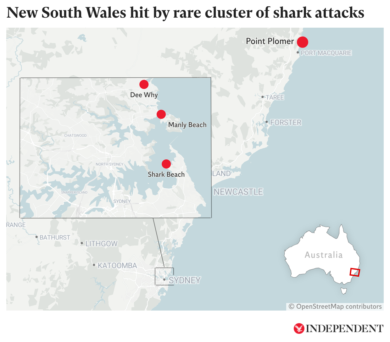 Map shows locations of recent shark attacks in New South Wales