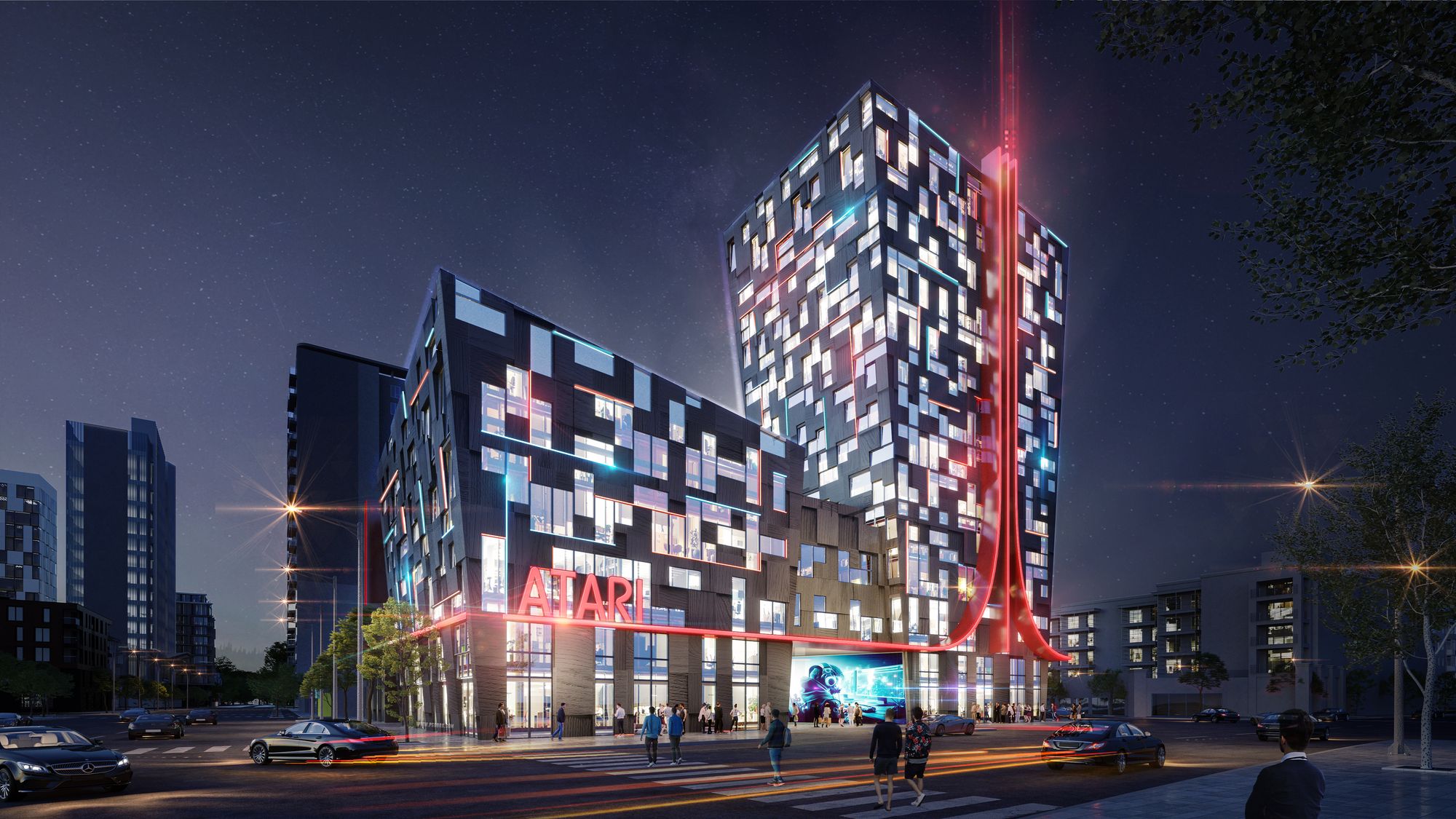 <p>The façade of Atari Hotel will feature patterning that echoes pixel grids</p>