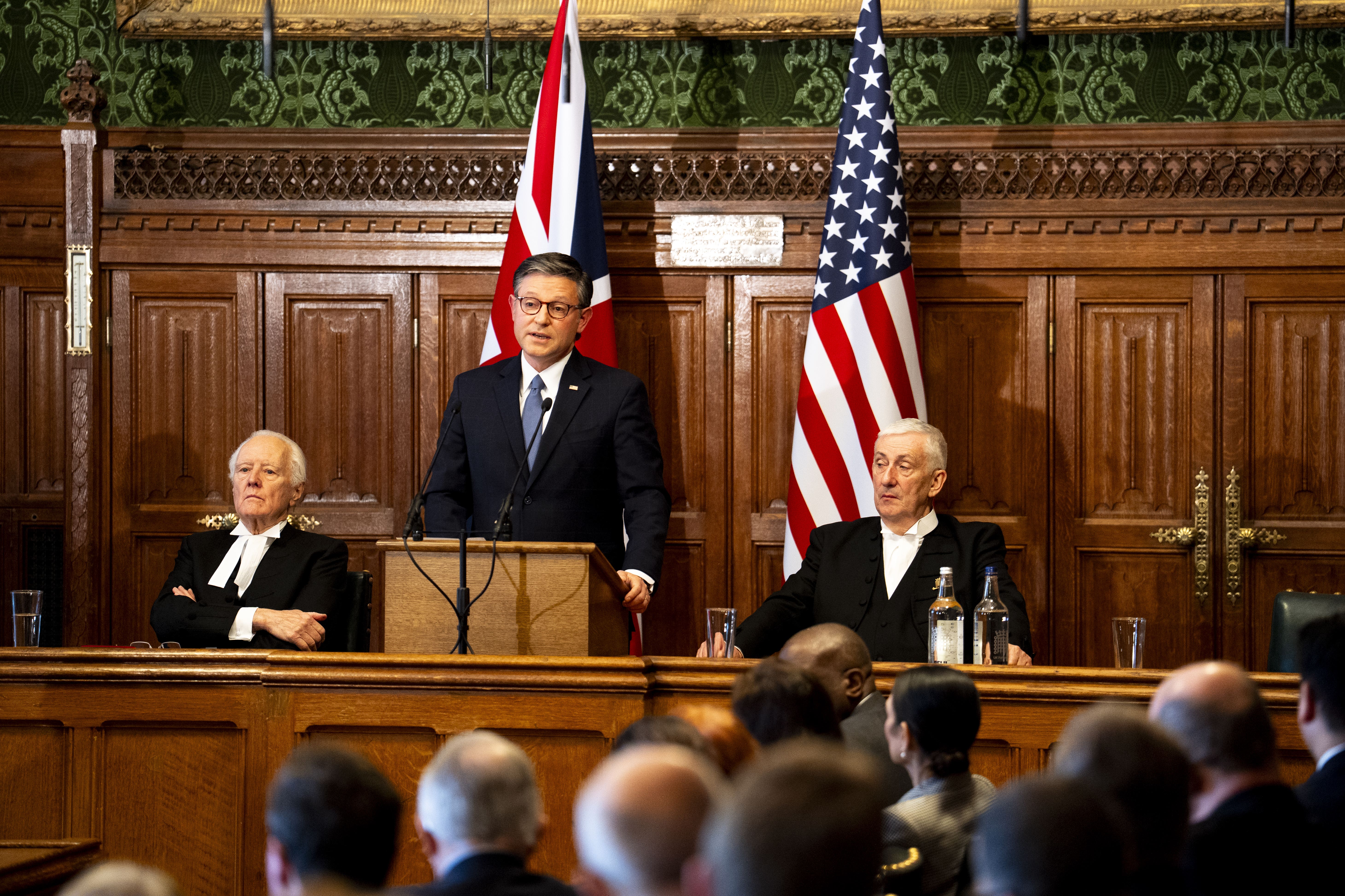 US House speaker Mike Johnson addressing MPs in the House of Commons (Jordan Pettitt/PA)