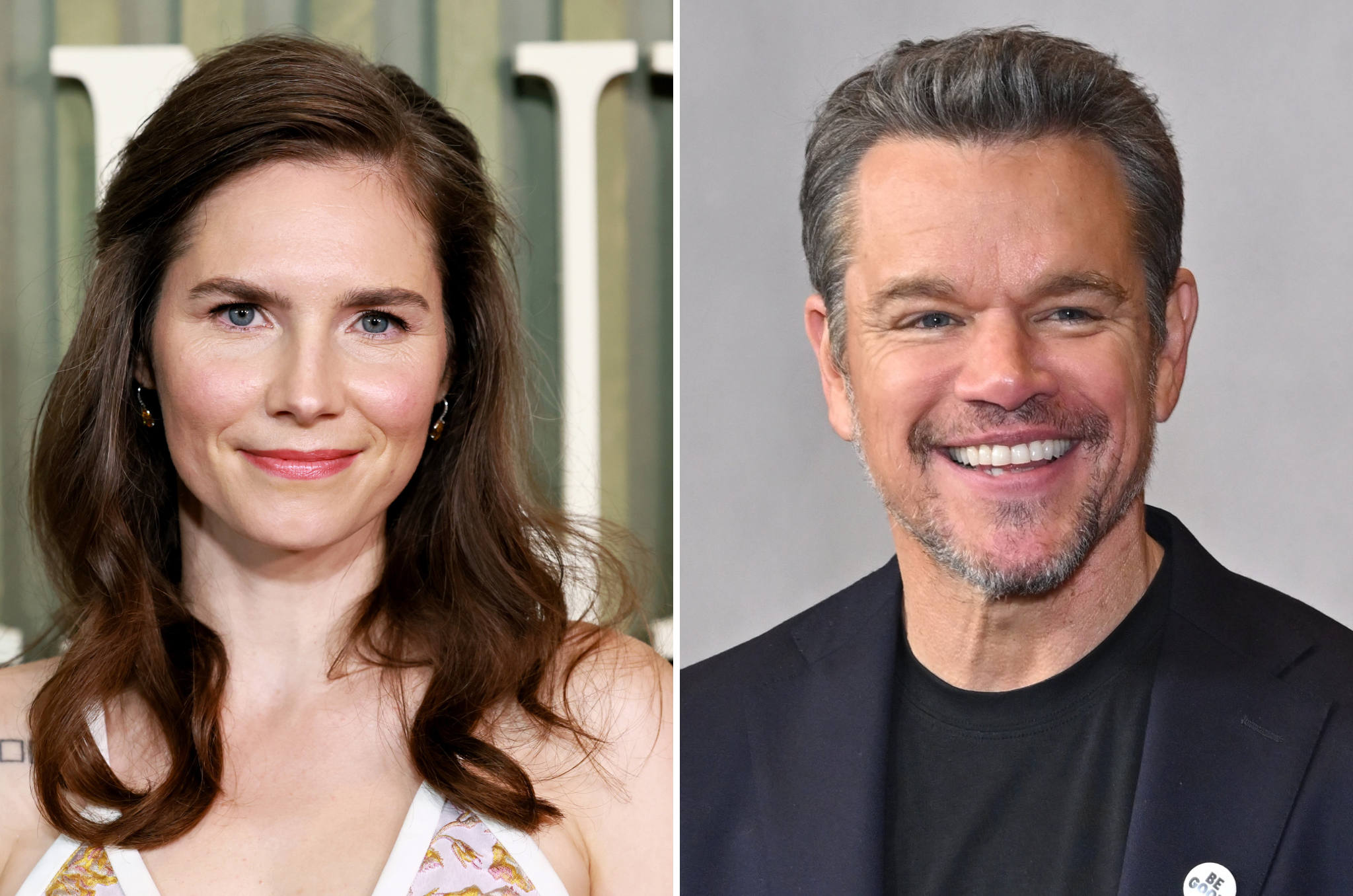 <p>Amanda Knox (left), who was wrongfully convicted of murdering her roommate, called out Matt Damon (right) for his comments on jail time being more preferable to cancel culture</p>