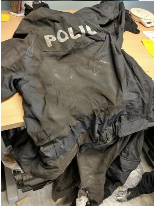 Undated handout photo issued by the Health and Safety Executive (HSE) of burnt personal protective equipment