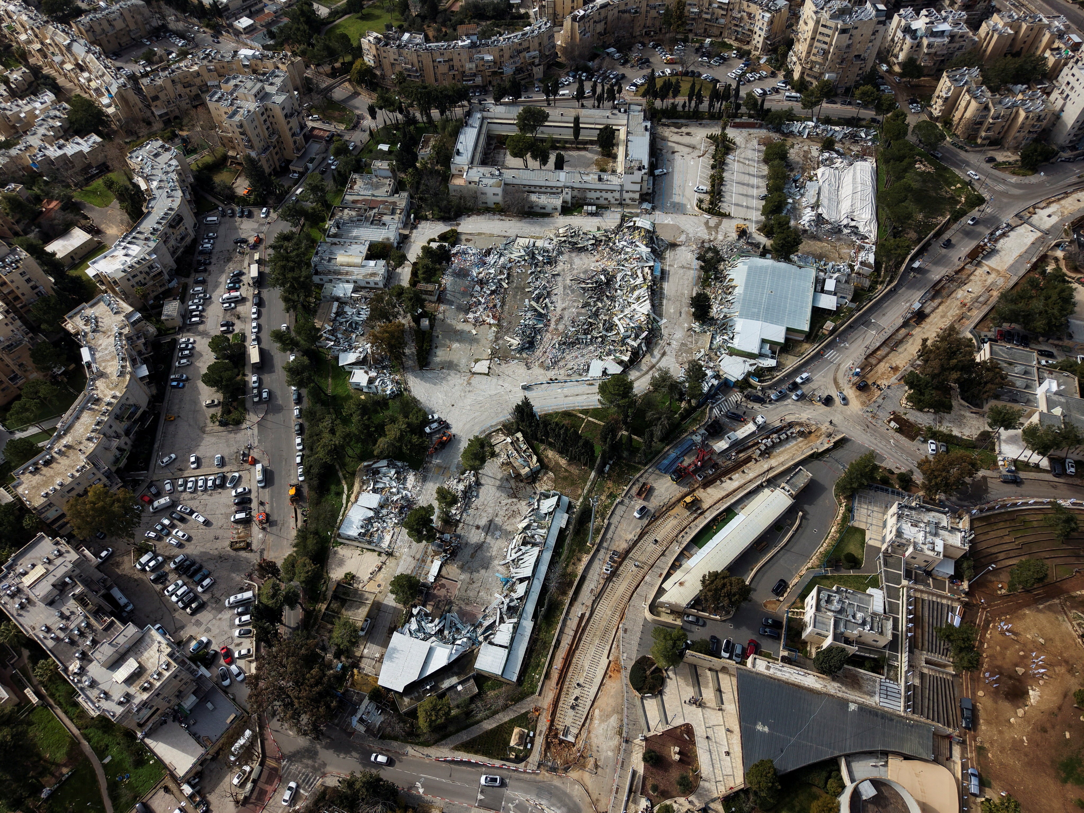 A drone view of the remains of the Jerusalem headquarters of the United Nations Relief and Works Agency
