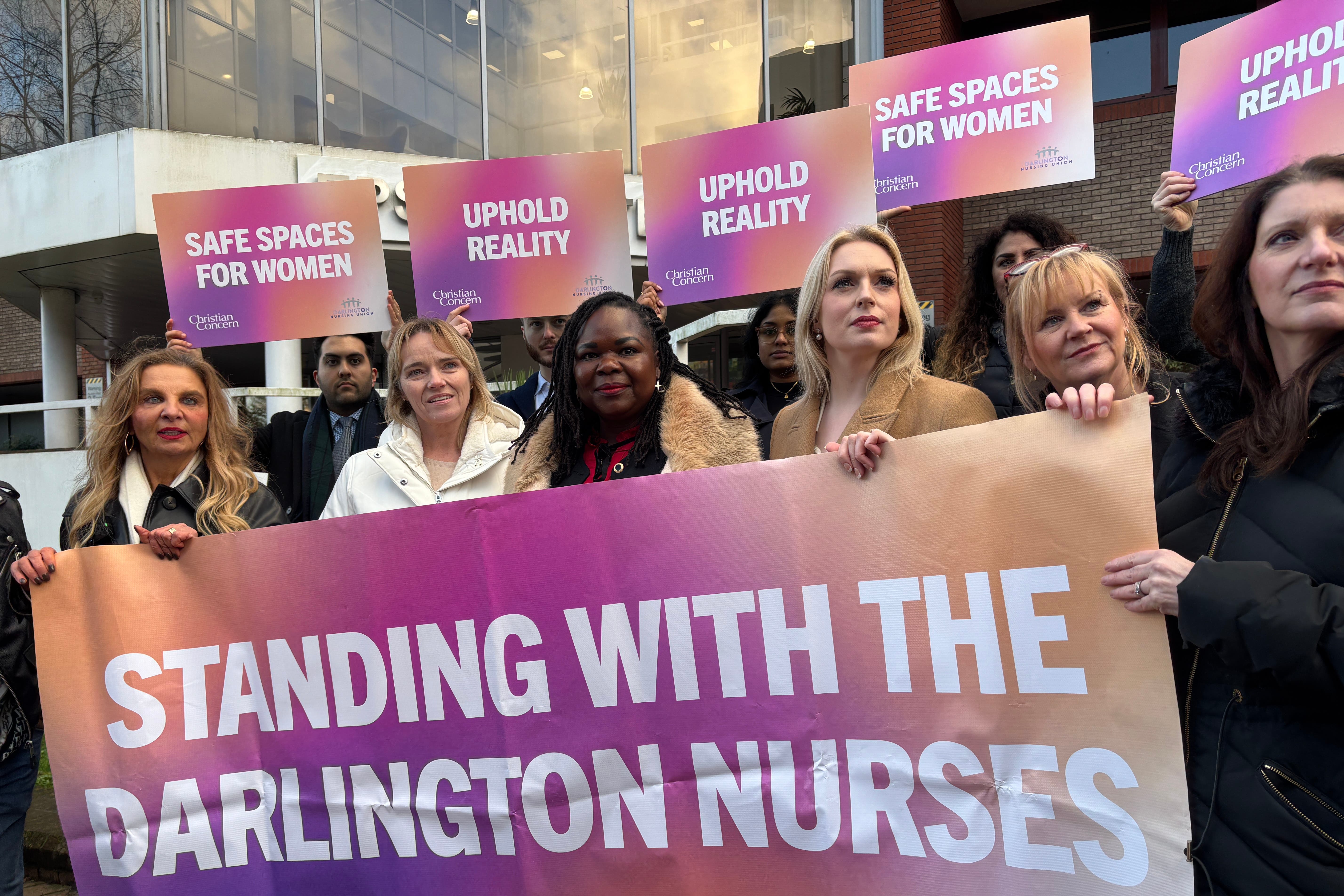 Jennifer Melle was supported by Fife nurse Sandie Peggie, to her left, and Darlington nurses Bethany Hutchison and Lisa Lockey to her right (PA)