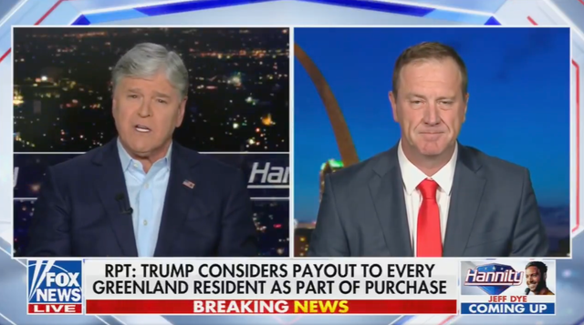 <p>Sean Hannity discusses the prospect of the U.S. paying out $100,000 per citizen of Greenland to acquire their country from Denmark on his Fox News show on Monday in the company of Missouri Republican Sen. Eric Schmitt</p>