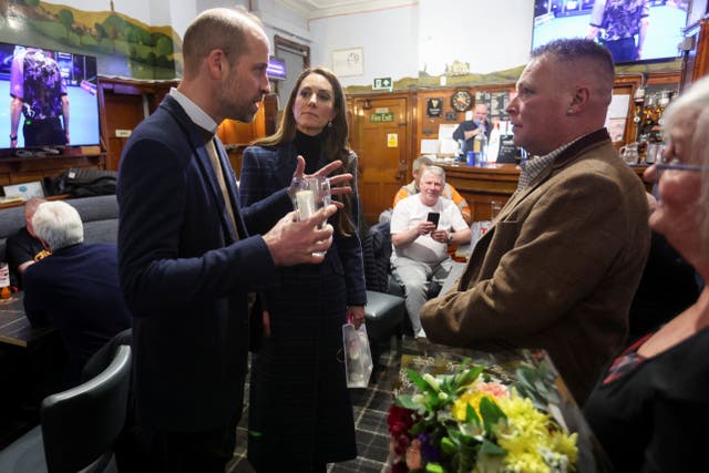 <p>Prince William, Prince of Wales and Kate, Princess of Wales meet people at 'The Gothenburg', known locally as 'The Goth', a community-run pub in the former mining village of Fallin, near Stirling</p>