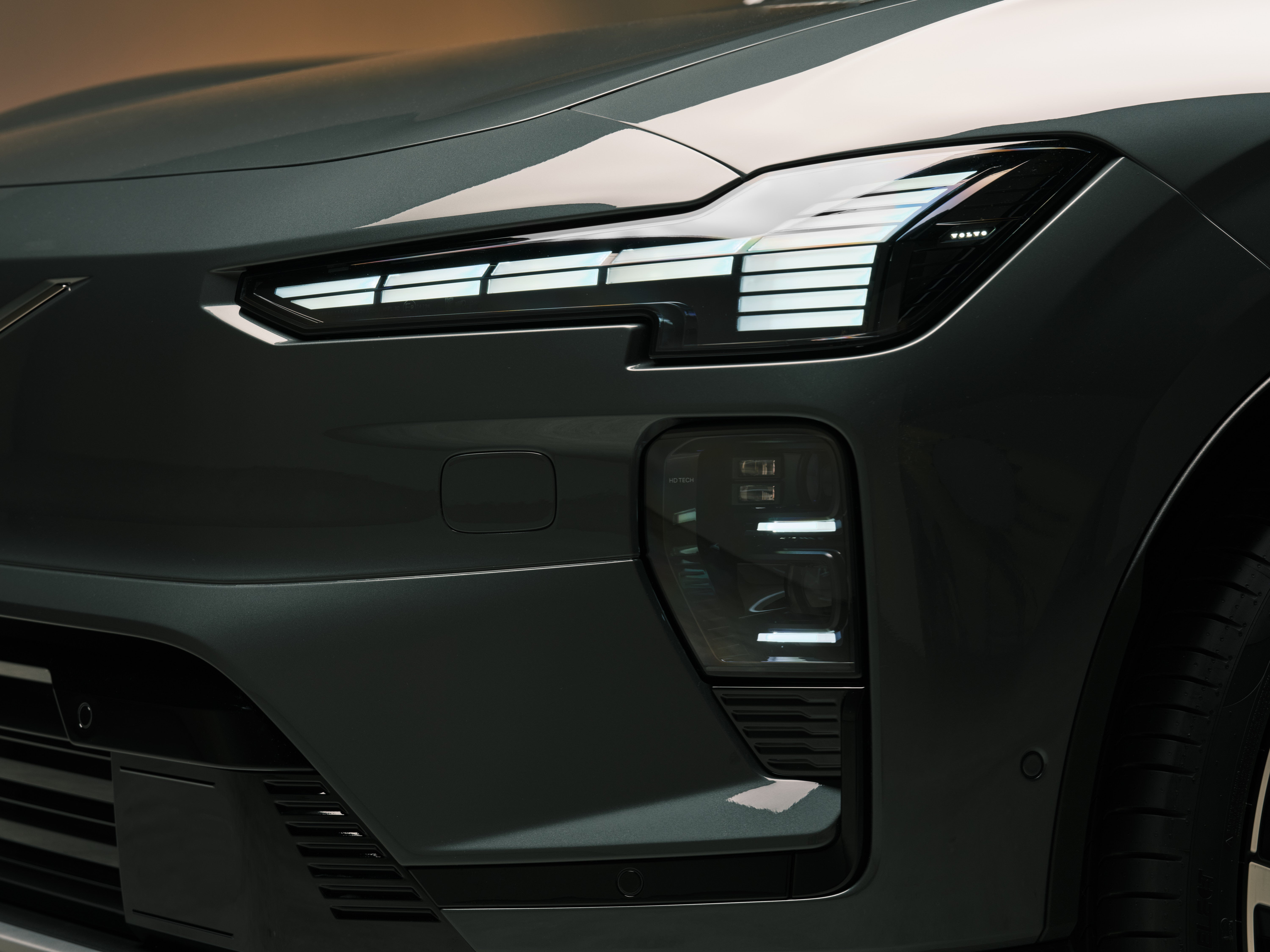Volvo's 'Thor Hammer' LED daytime running lights sit at the top of the car's face with the main headlight units lower down