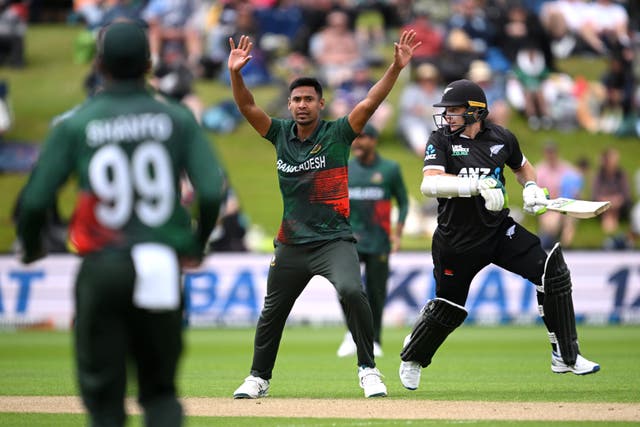 <p>File: Mustafizur Rahman of Bangladesh reacts during game one of the Men's ODI series between New Zealand and Bangladesh at University of Otago Oval on 17 December 2023</p>