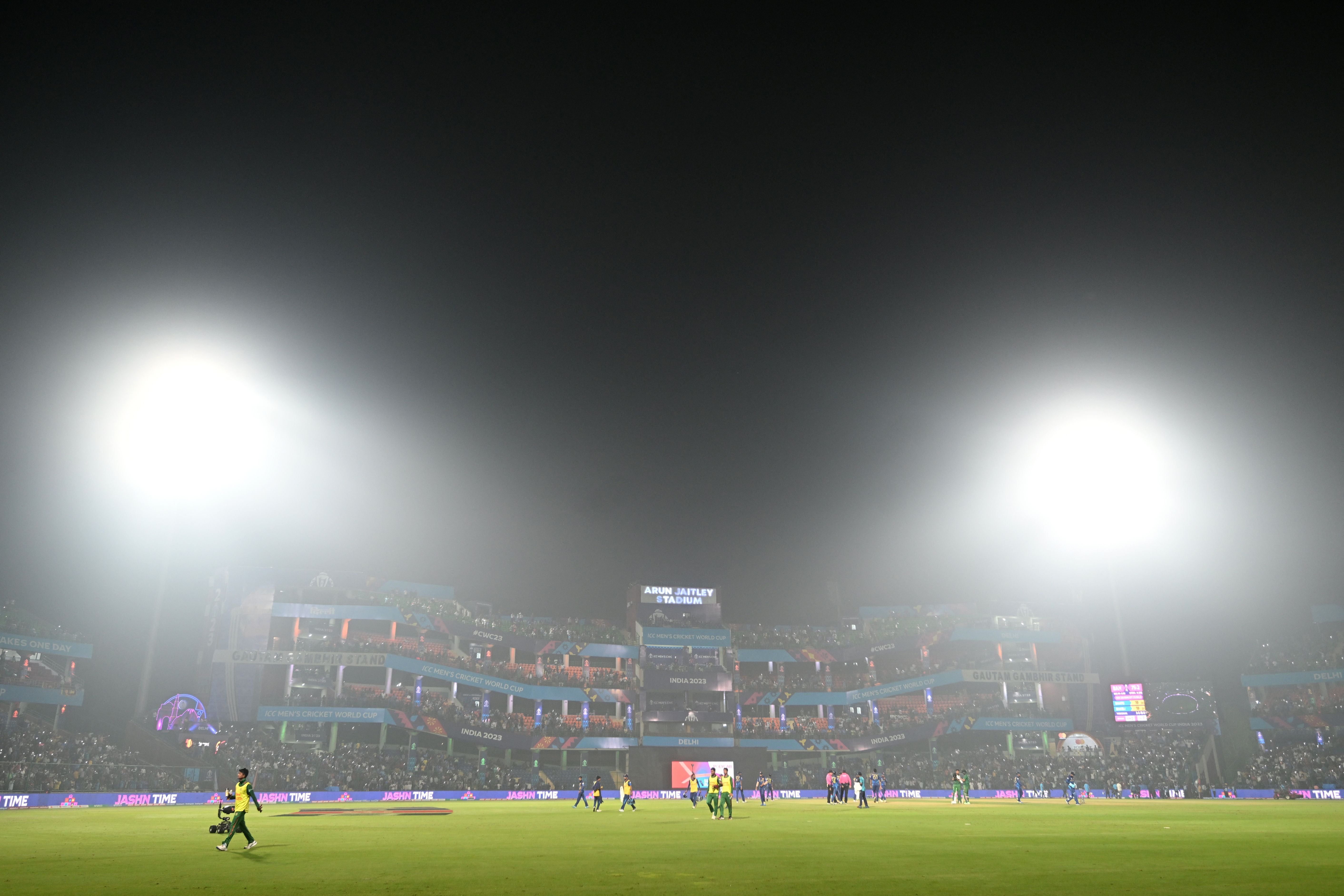 A view of the Arun Jaitley Stadium is pictured amid smoggy conditions in New Delhi on 6 November 2023, during the 2023 ICC Men's Cricket World Cup one-day international (ODI) match between Bangladesh and Sri Lanka