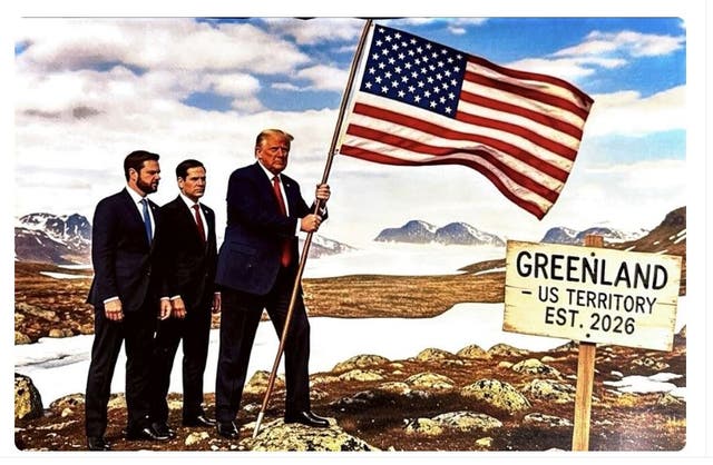 <p>Donald Trump shares AI-generated picture of himself, vice president JD Vance and secretary of state, Marco Rubio, with an American flag on Greenland</p>