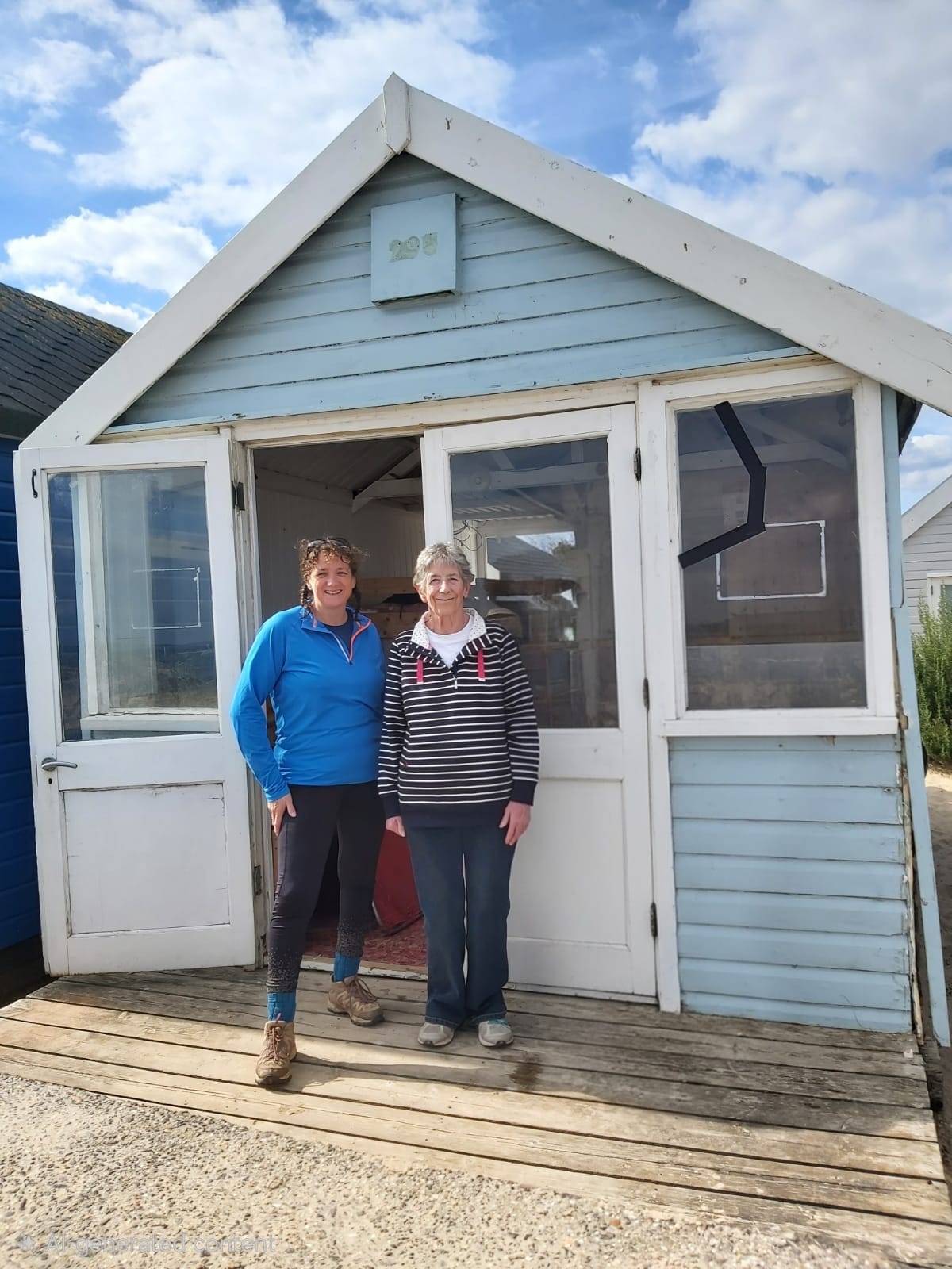 Hayley Reynolds (left) with her mother outside the beach hut they own after a rebuild in 2022. It is now up for sale priced at £430,000