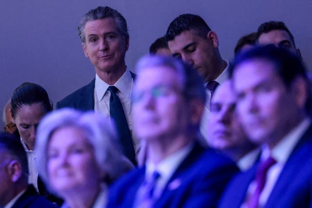 <p>California Gov. Gavin Newsom looks on at members of President Donald Trump’s cabinet watch his speech to the World Economic Forum in Davos, Switzerland, Wednesday</p>