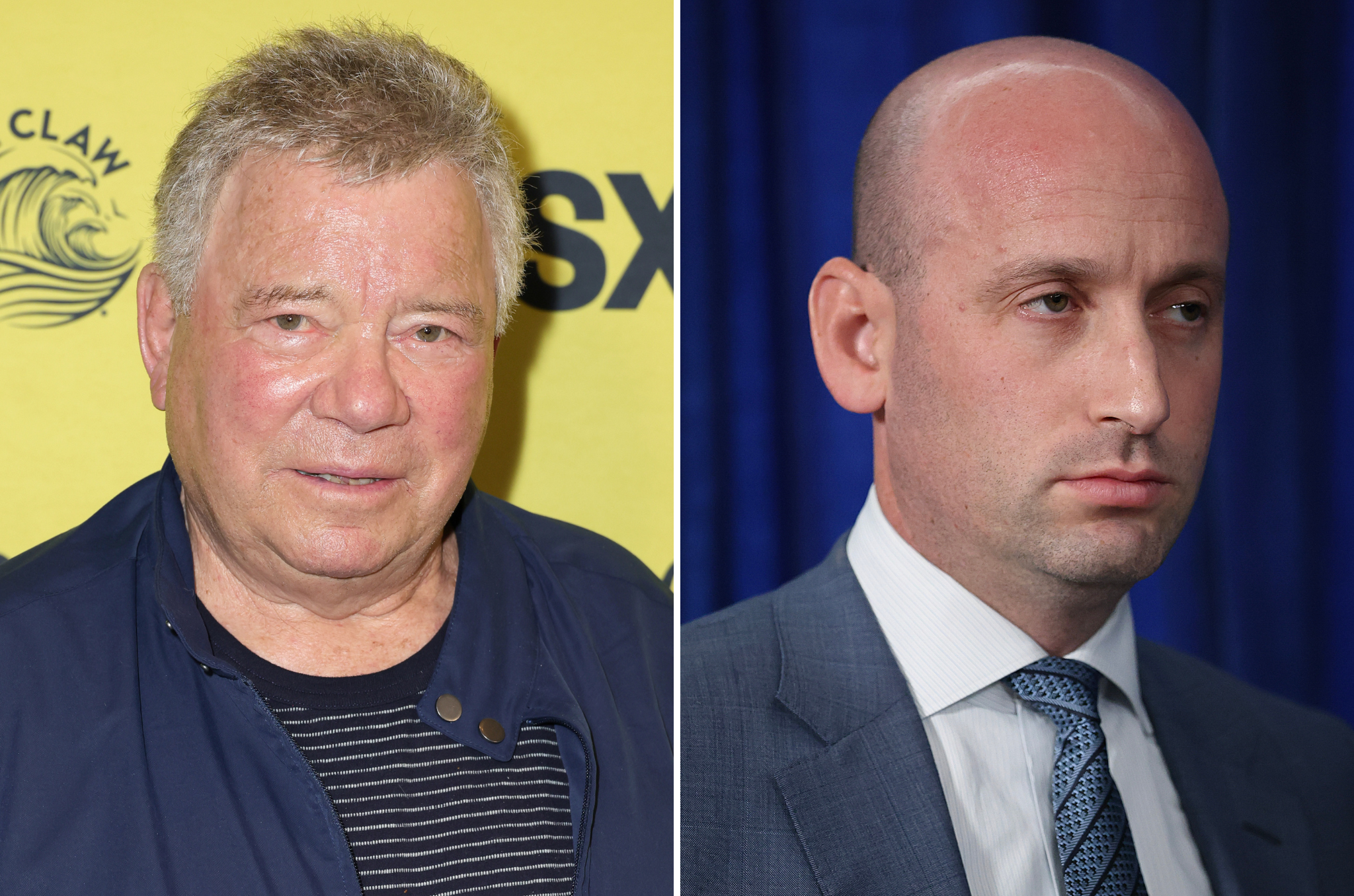 <p>Stephen Miller (right) called on original Star Trek legend William Shatner (left) to save Paramount+'s new 'woke' Star Trek series</p>