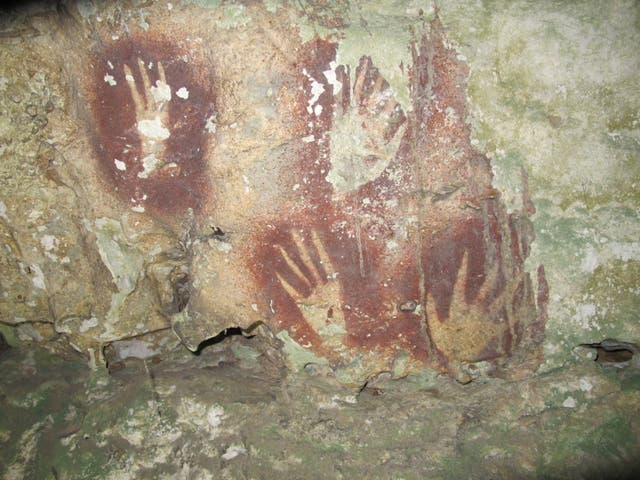 <p>Estas marcas de color tostado se crearon soplando pigmento sobre manos apoyadas en las paredes de la cueva, dejando un contorno distintivo. </p>