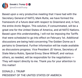 Donald Trump has said he has formed ‘the framework of a future deal’ over Greenland and so will no longer be imposing tariffs
