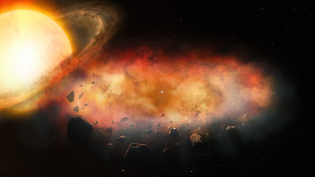 <p>An artist’s illustration shows a large disk of planetary debris shrouded by a thick cloud of dust and gas as it passes in front of a star. Astronomers say a mystery object is surrounded by a metallic cloud like this</p>