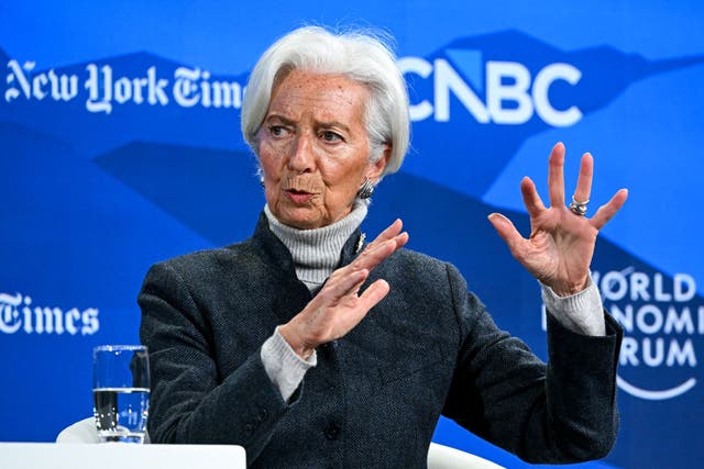 <p>European Central Bank (ECB) president Christine Lagarde gestures as she speaks during the World Economic Forum (WEF) annual meeting in Davos.</p>