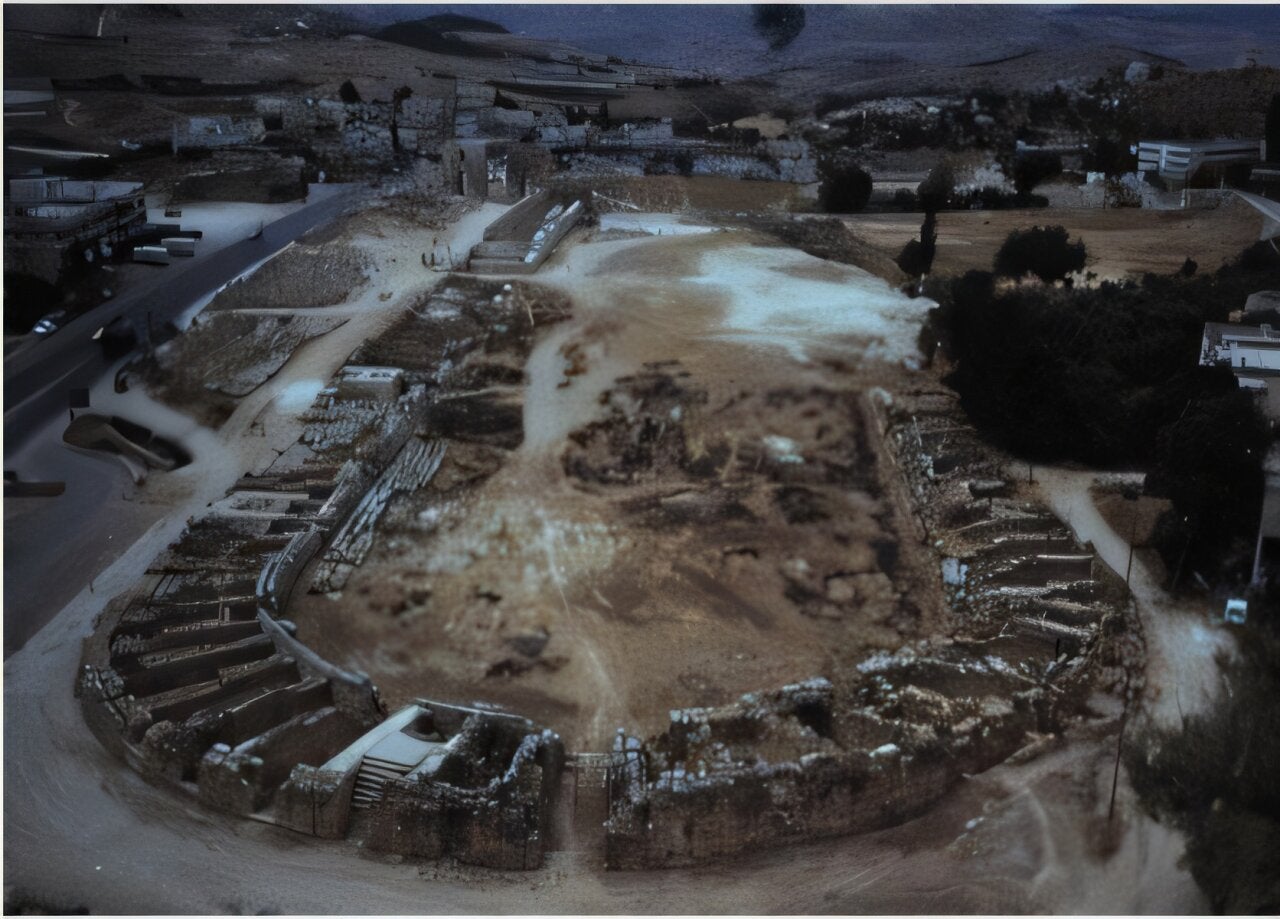 <p>Ancient hippodrome at Jerash, the site of a mass grave from the plague</p>