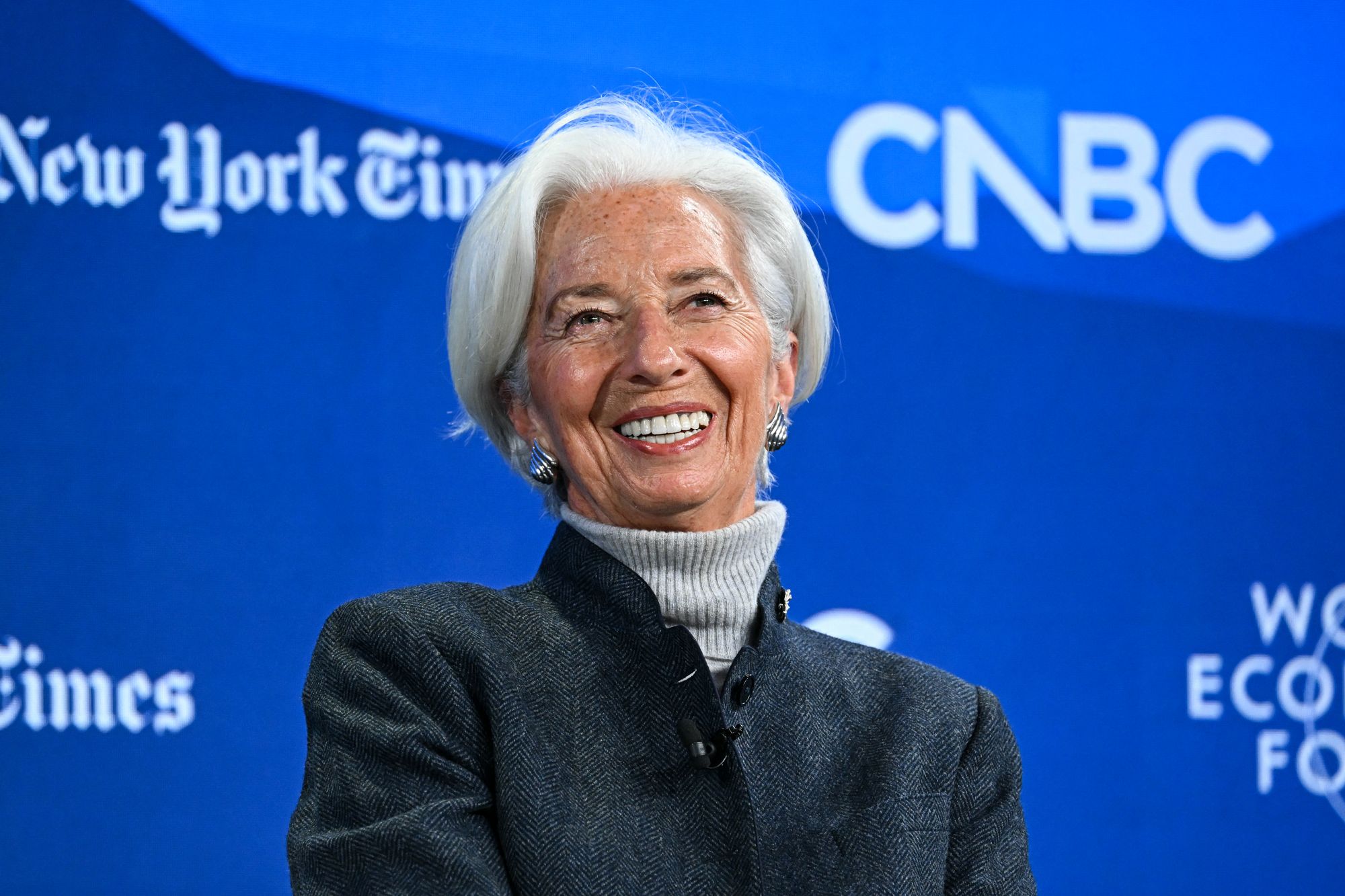 Christine Lagarde reacts during the World Economic Forum (WEF) annual meeting in Davos on January 21, 2026.