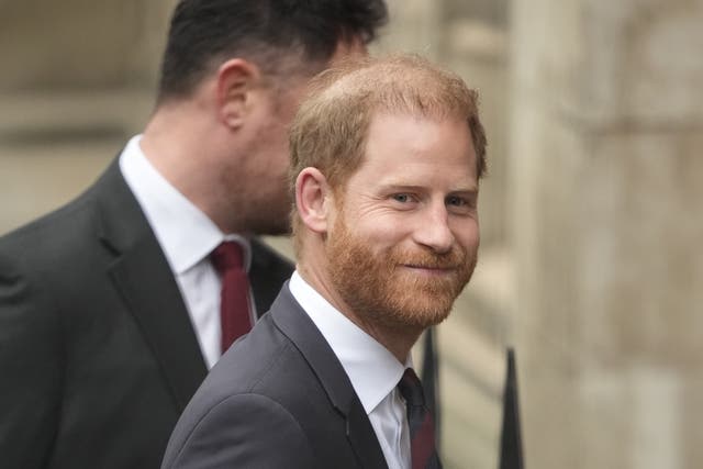 <p>The Duke of Sussex arrives at the Royal Courts of Justice in central London, to support and show solidarity with, the other claimants, on day four of the trial over allegations of unlawful information gathering brought against Associated Newspapers Limited (ANL) by seven people</p>