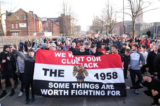 <p>Manchester United fan group The 1958 is mounting another protest against the club’s ownership (Martin Rickett/PA)</p>