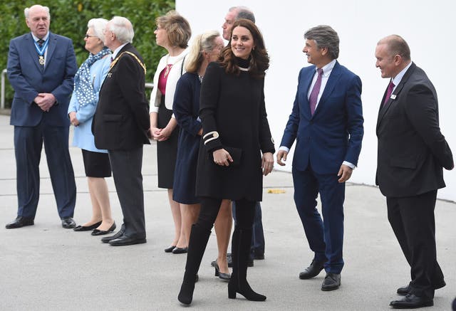 <p>Catherine, Princess of Wales, wears Russell & Bromley during a tour of Jaguar Land Rover in Birmingham in 2017</p>
