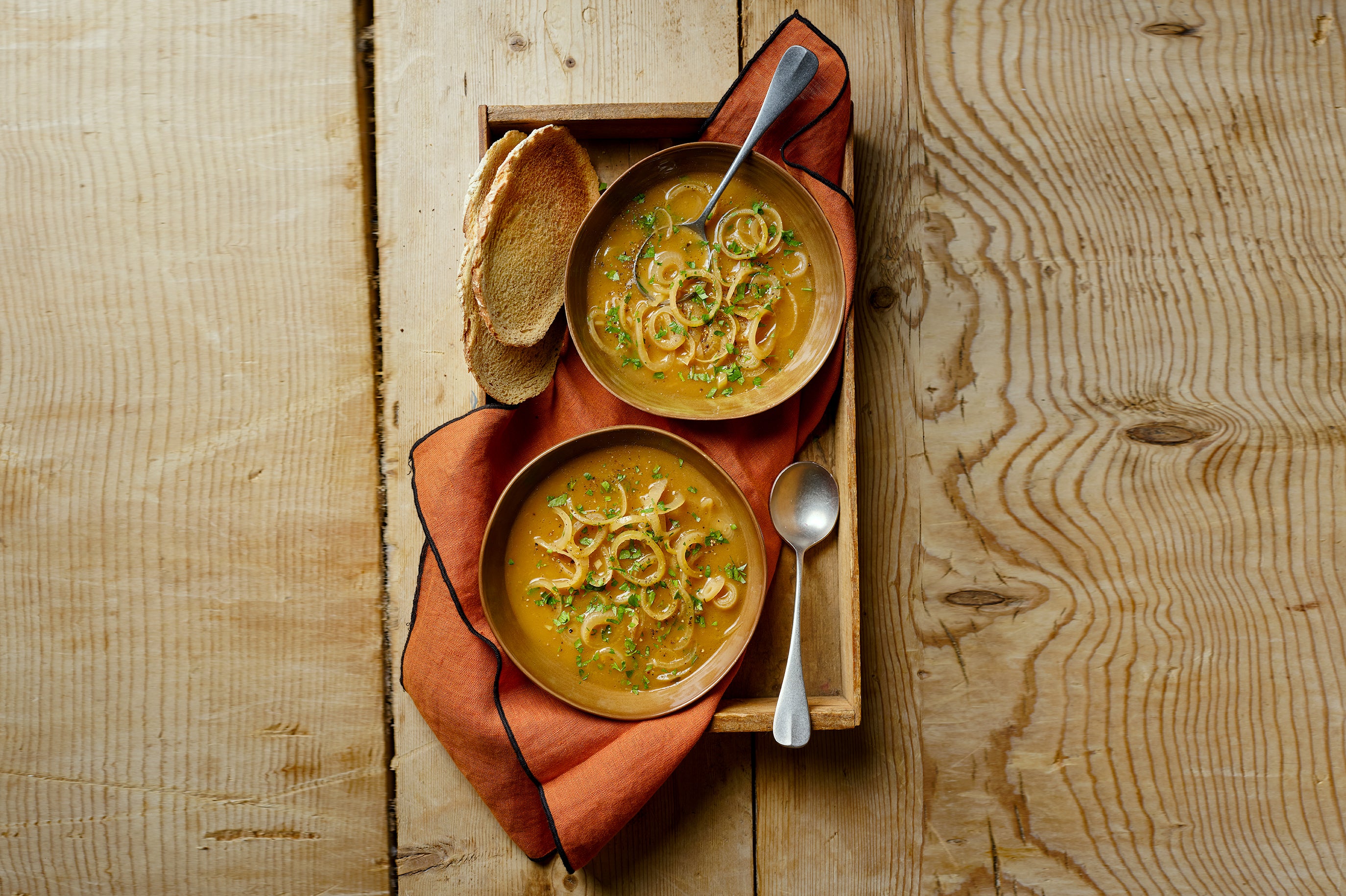 <p>‘What is more joyful than something delicious and comforting that can be whipped up in half the time than it usually is?’, such as a French (pickled) onion soup</p>