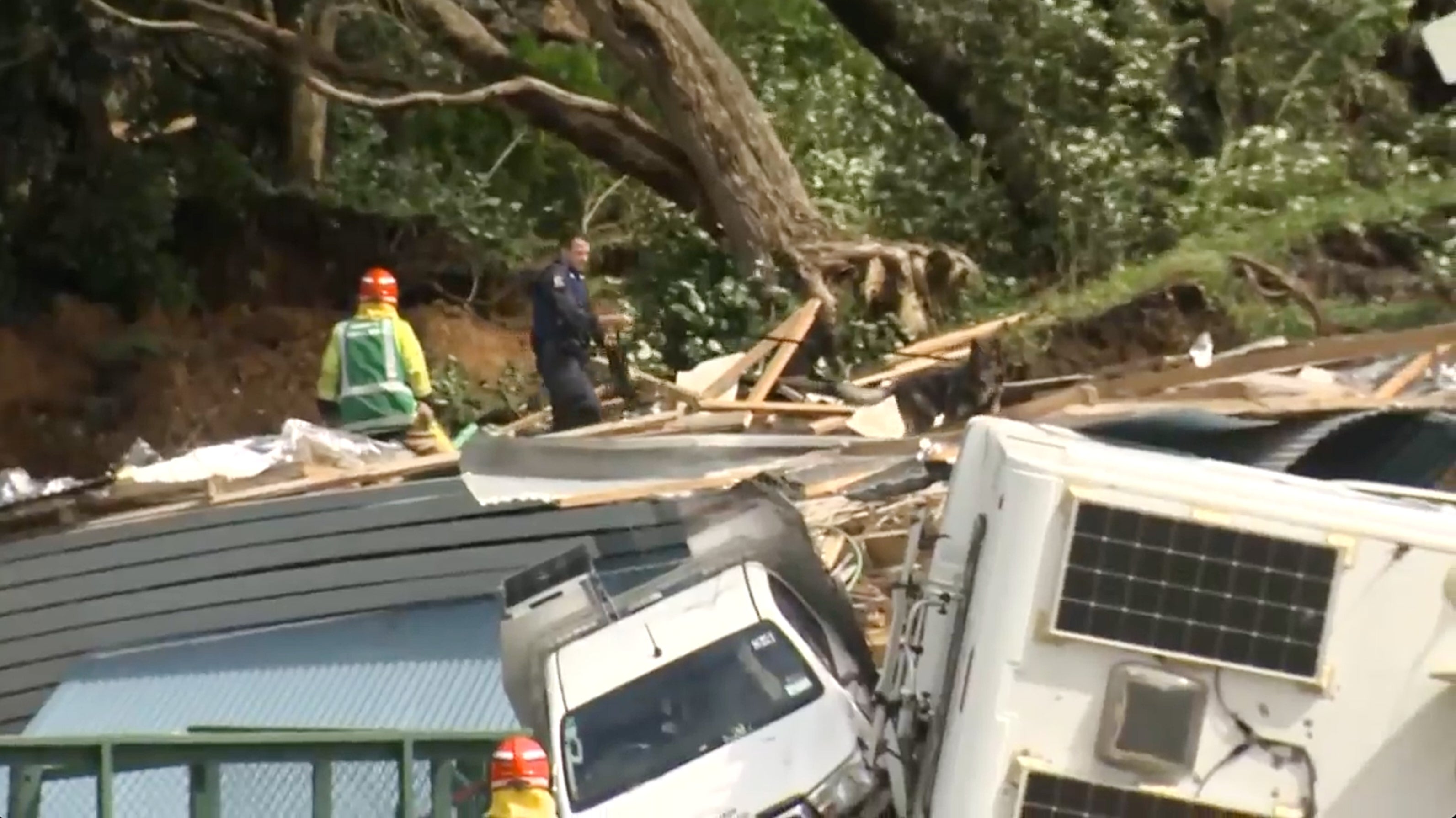 Police officer with dog searches people near site of a landlide at the base of Mount Maunganui in New Zealandâ