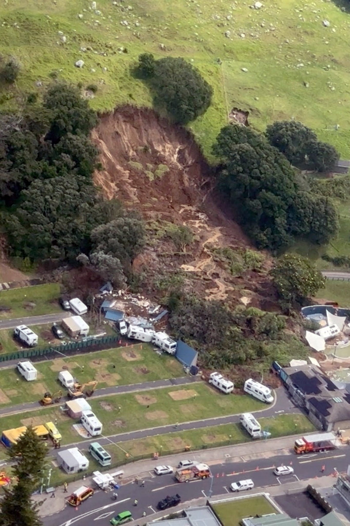 An aerial view of an area affected by a landslide triggered by heavy rains, in Mount Maunganui, New Zealand