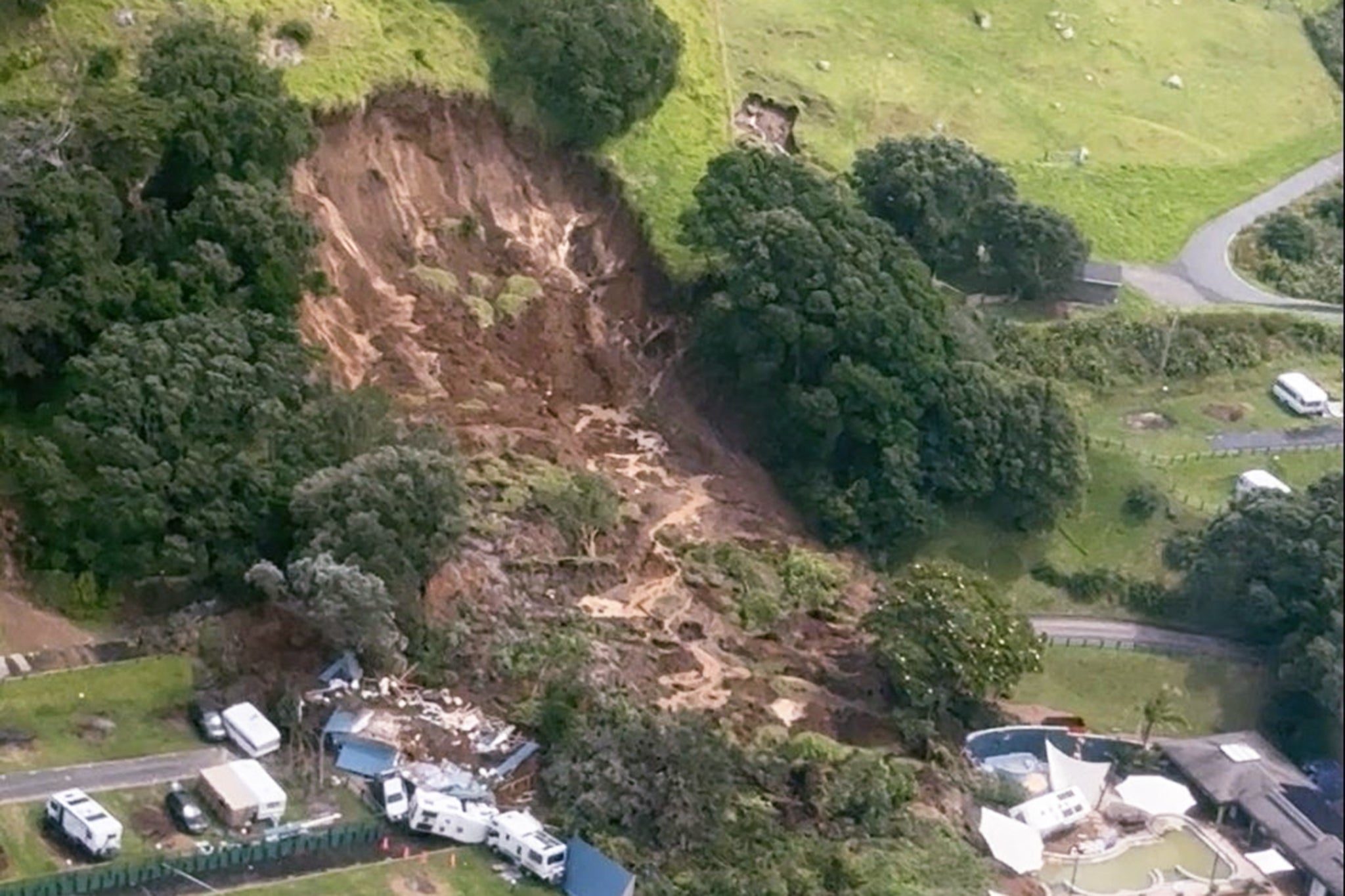 An aerial view of an area affected by a landslide triggered by heavy rains, in Mount Maunganui, New Zealand