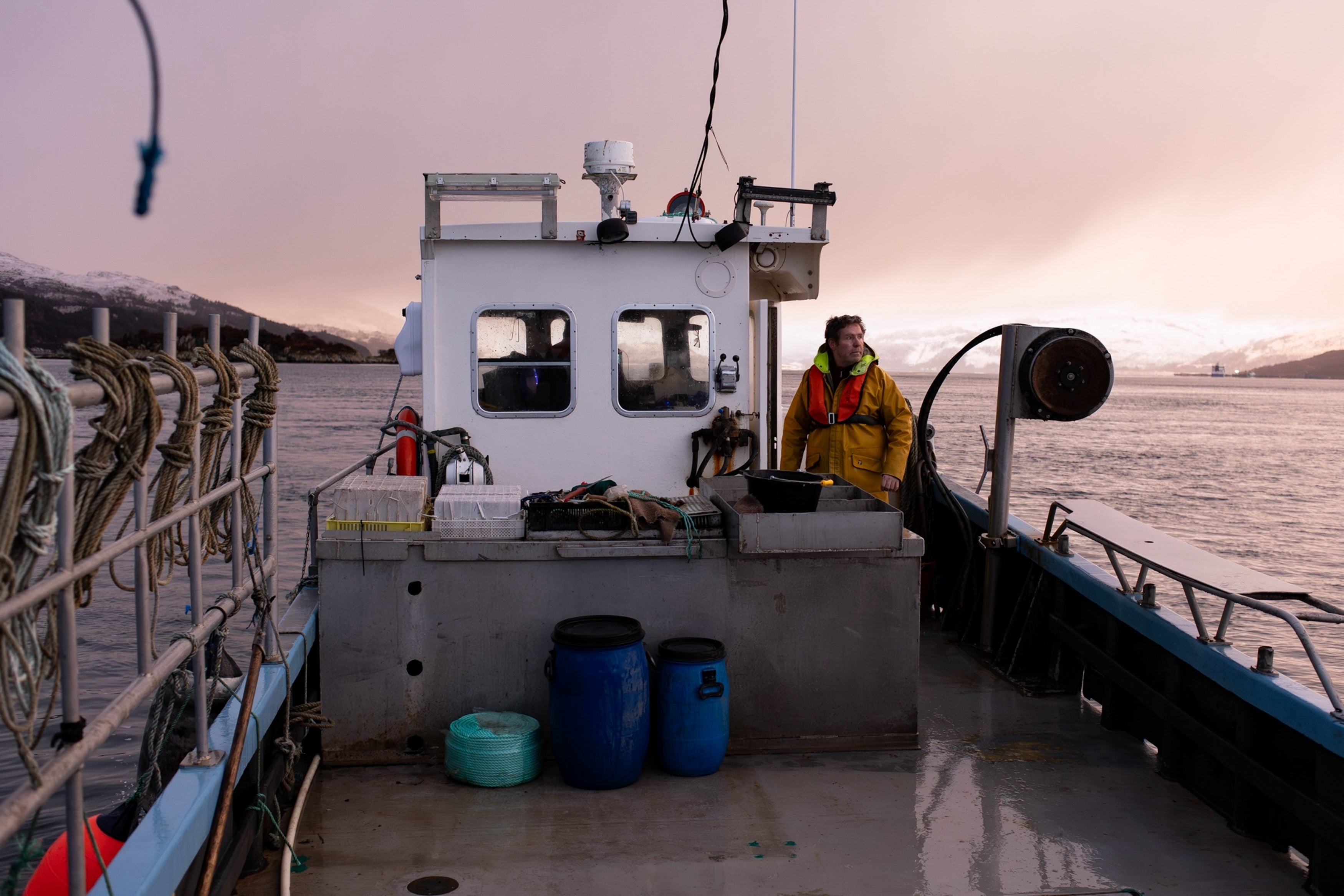 Bally Philp looks out at the loch for the buoy marking his creels on Nov. 20, 2025, in Loch Alsh off the coast of Kyleakin, Scotland