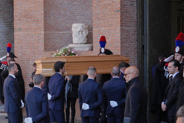<p>The coffin of fashion designer Valentino Garavani arrives at the Basilica of Saint Mary of the Angels and Martyrs in Rome (Andrew Medichini/AP)</p>