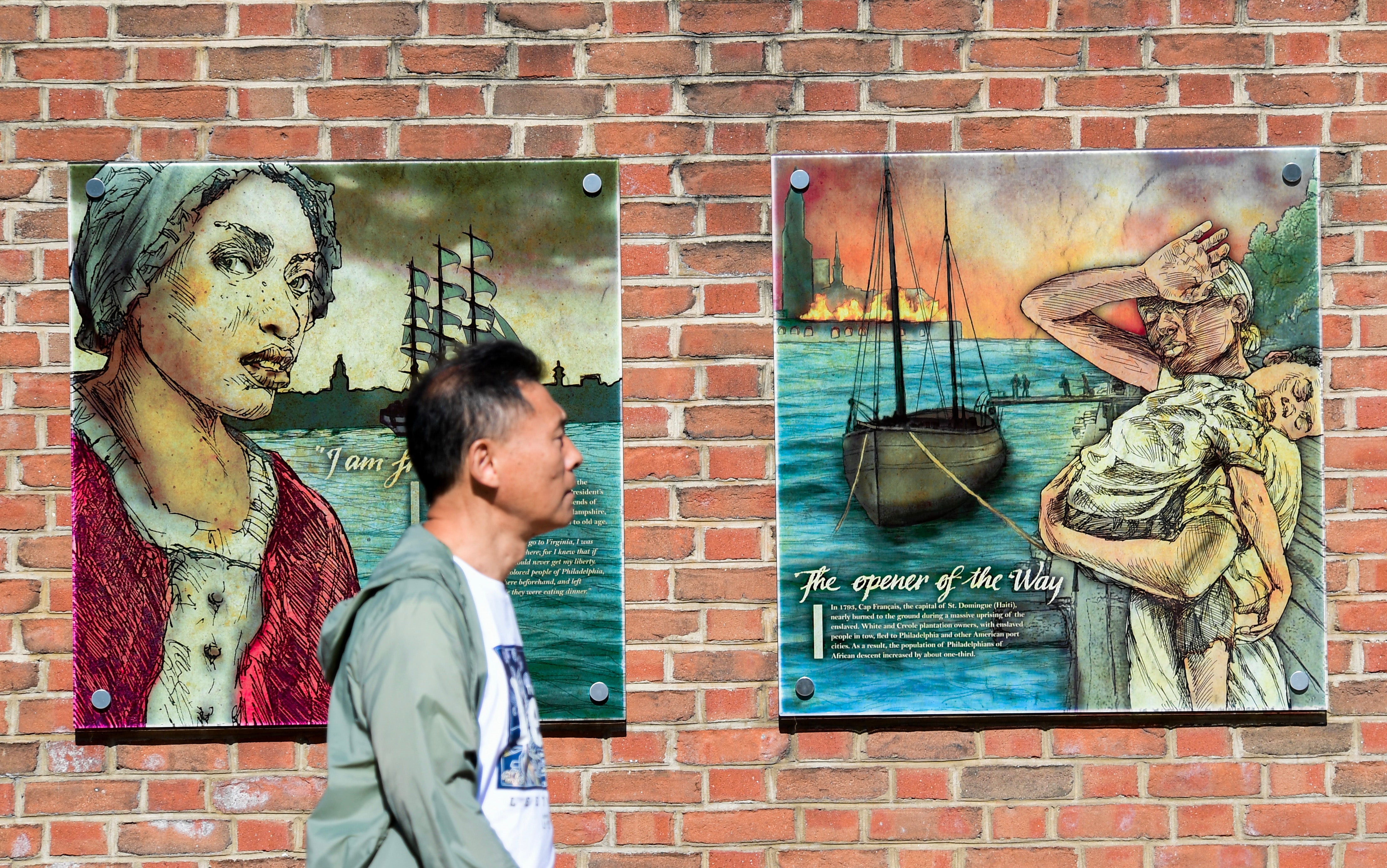 <p>Part of the slavery exhibit at the President's House Site in Philadelphia, Pennsylvania, seen last summer prior to its removal</p>