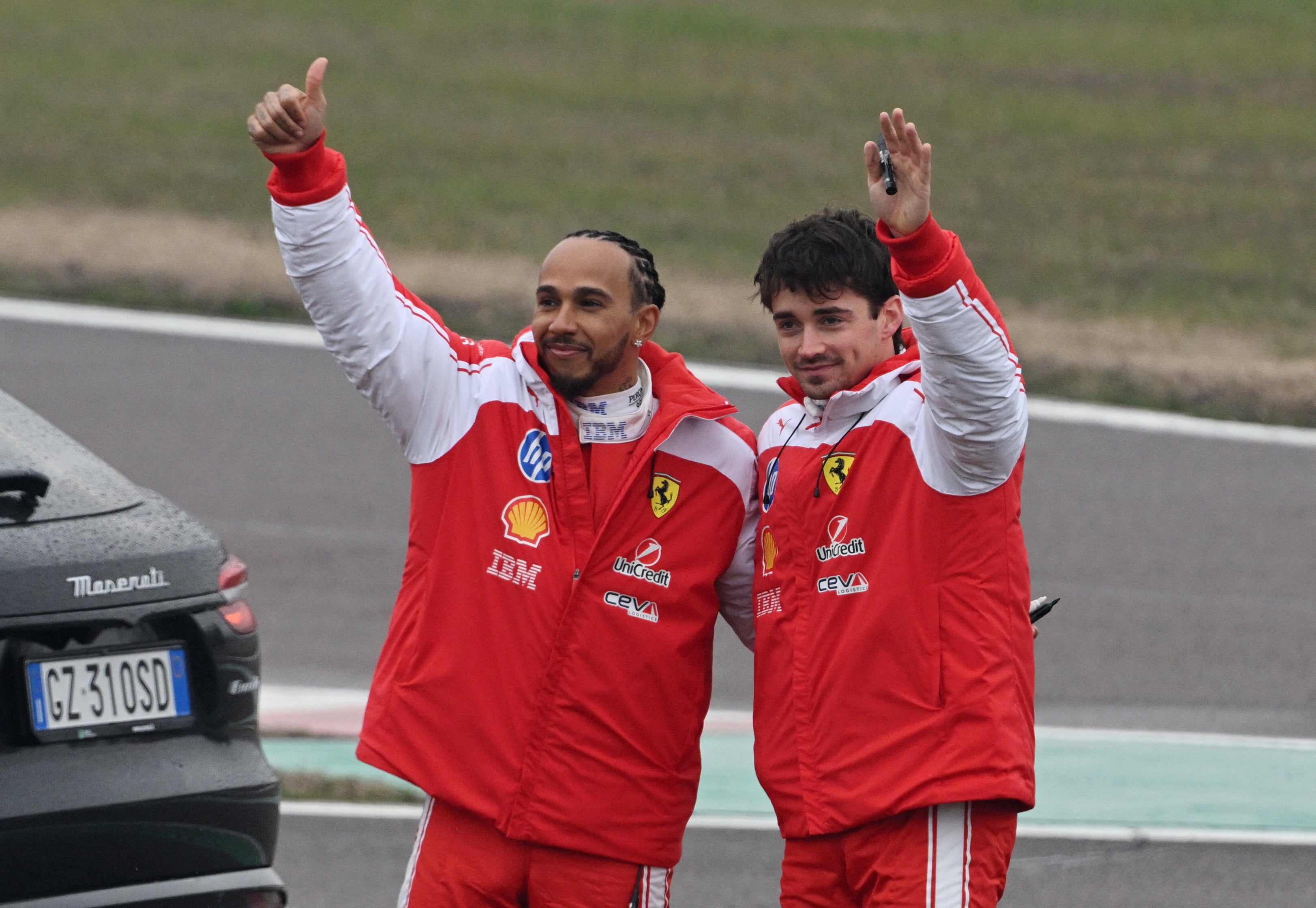 Hamilton with teammate Charles Leclerc ahead of the 2026 season