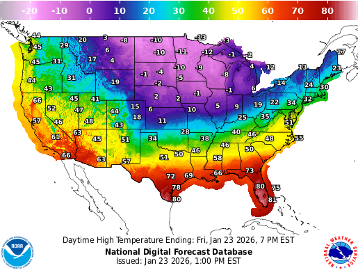 A nationwide temperature forecast map for Friday