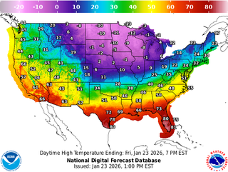 Um mapa de previsão de temperatura em todo o país para sexta-feira